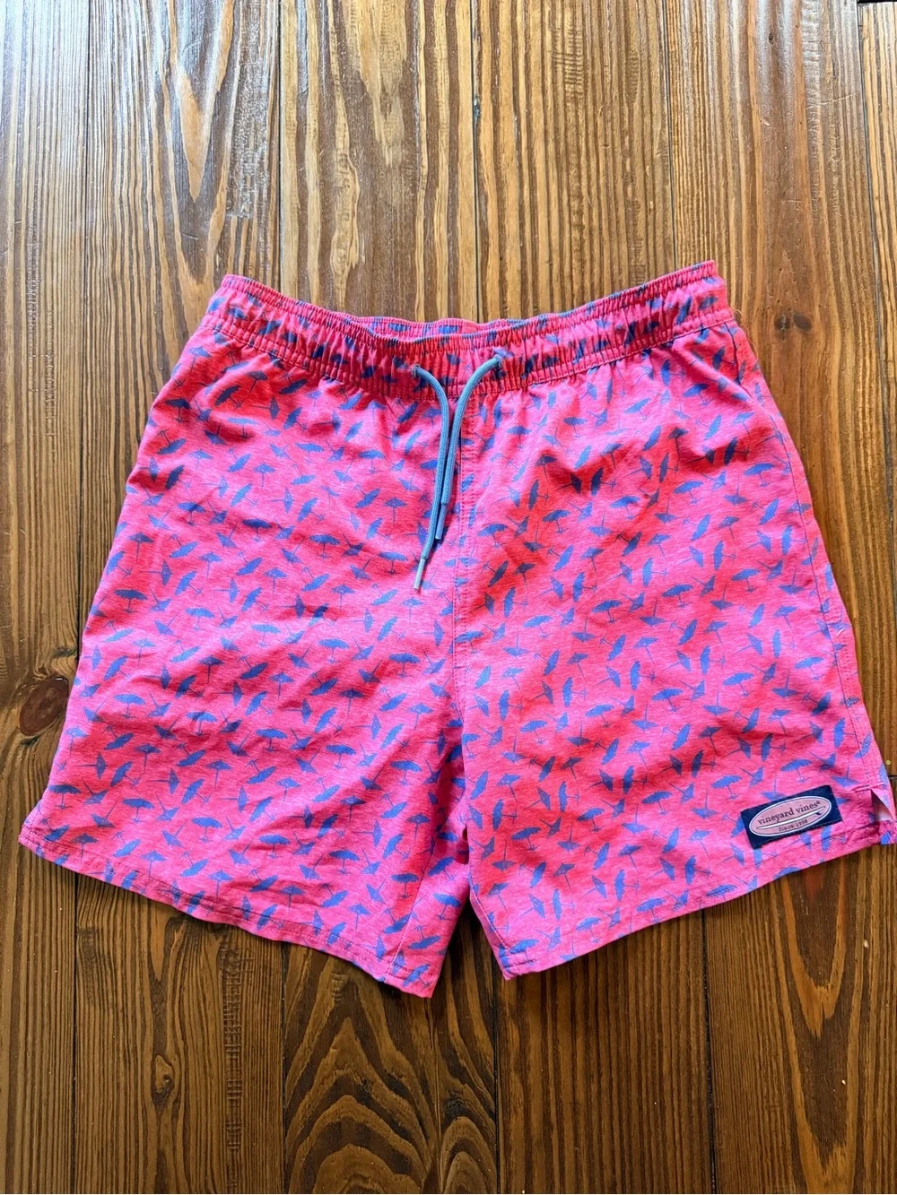 Vineyard Vines Pink Swim Trunks with Blue Leaf Print